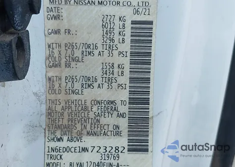 2021 Nissan Frontier King Cab S 4X2 z USA, uszkodzony, nr VIN 1N6ED0CE1MN723282